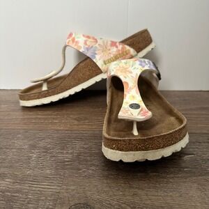 Birkenstock Gizeh Floral T-Strap Thong Sandals White Multi Color Womens 37 USA 6